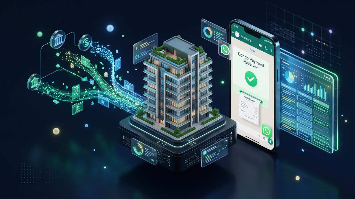 Ilustración conceptual 3D de administración y conciliación inteligente de condominios en Ecuador